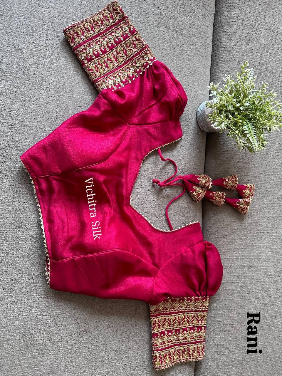 Dazzling Rani Pink Vichitra Silk Saree Blouse with Gold Embroidered Sleeves