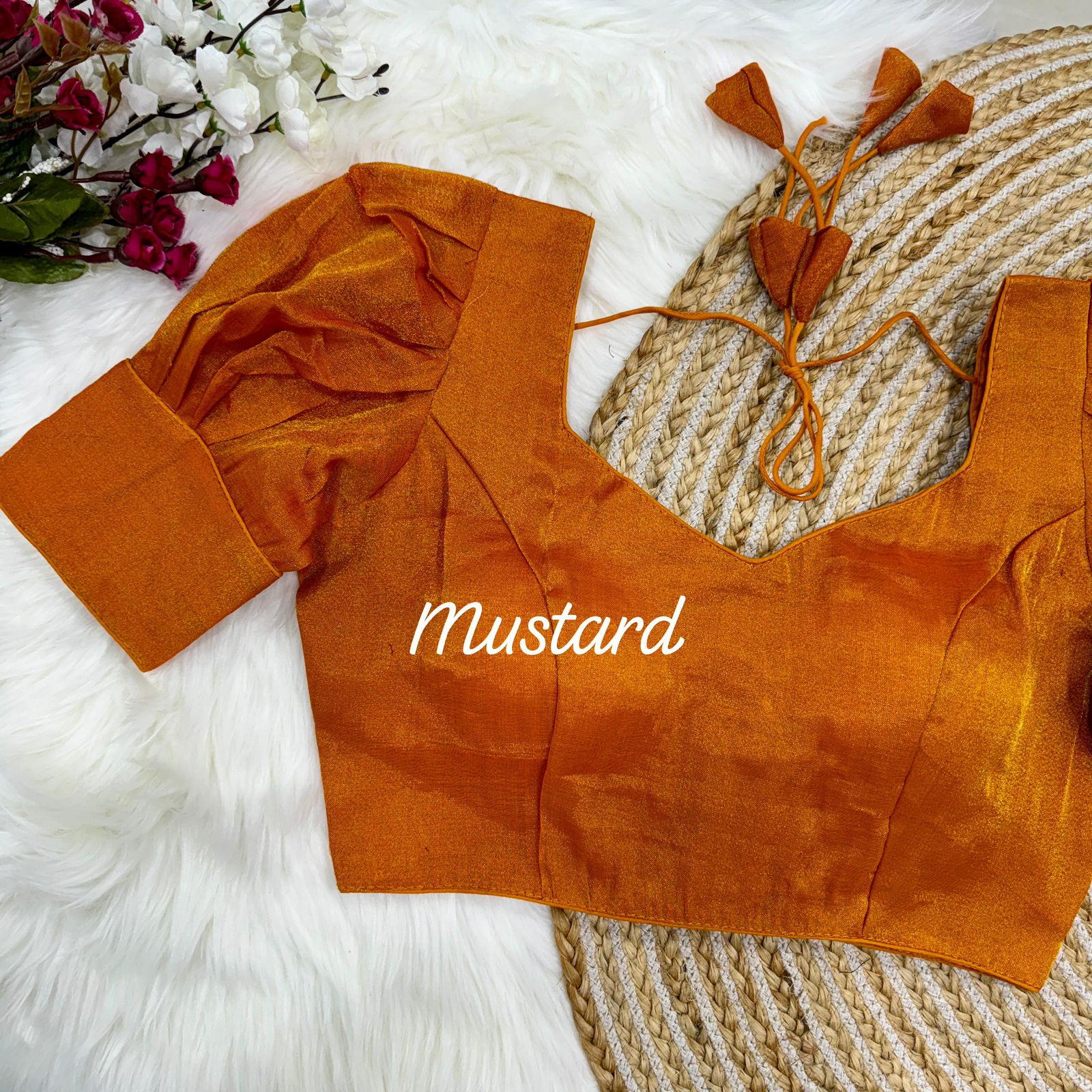 Stylish Mustard Metallic Silk Saree Blouse with Puff Sleeves