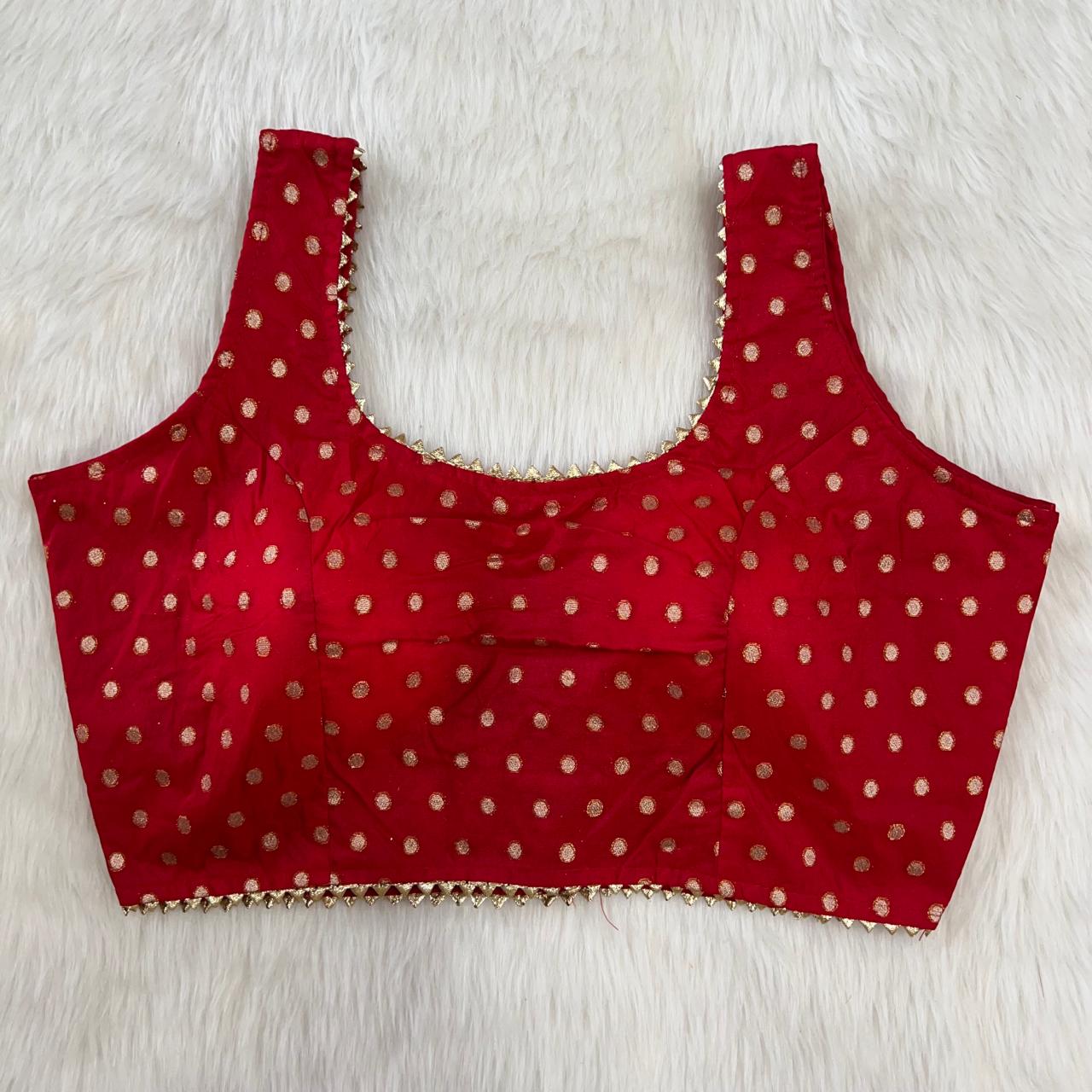 Red Butti Sleeveless Blouse with Scalloped Trim