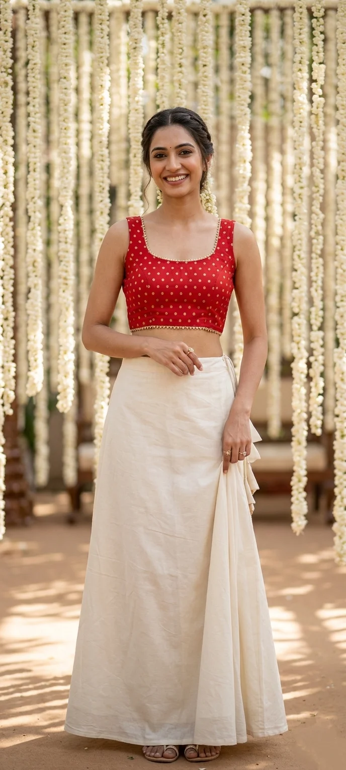 Red Butti Sleeveless Blouse with Scalloped Trim