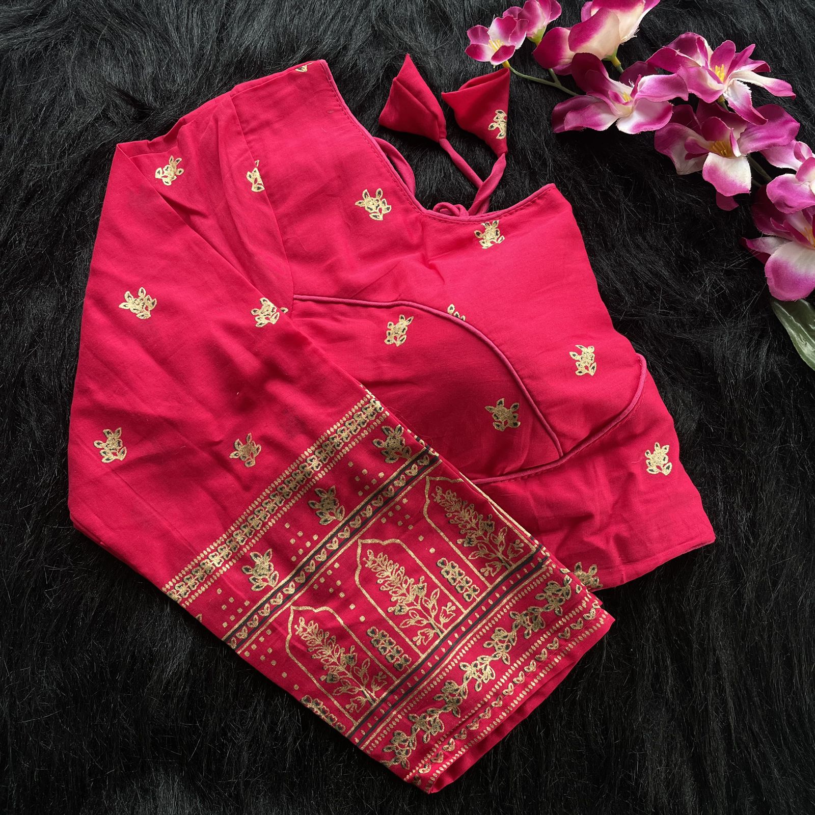 Pure Cotton Foil Print Designer Blouse in Raspberry Pink
