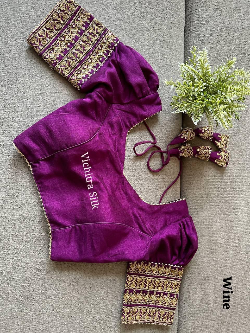Elegant Wine Readymade Blouse with Gold Embroidery