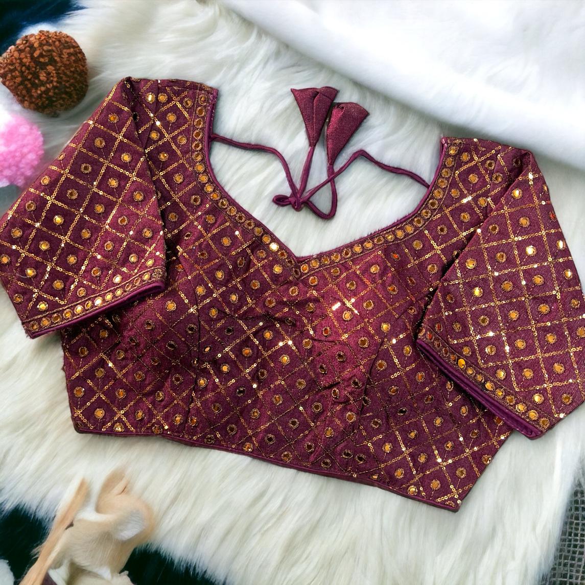 Maroon Milan Silk Readymade Blouse with Gold Sequin & Embroidery