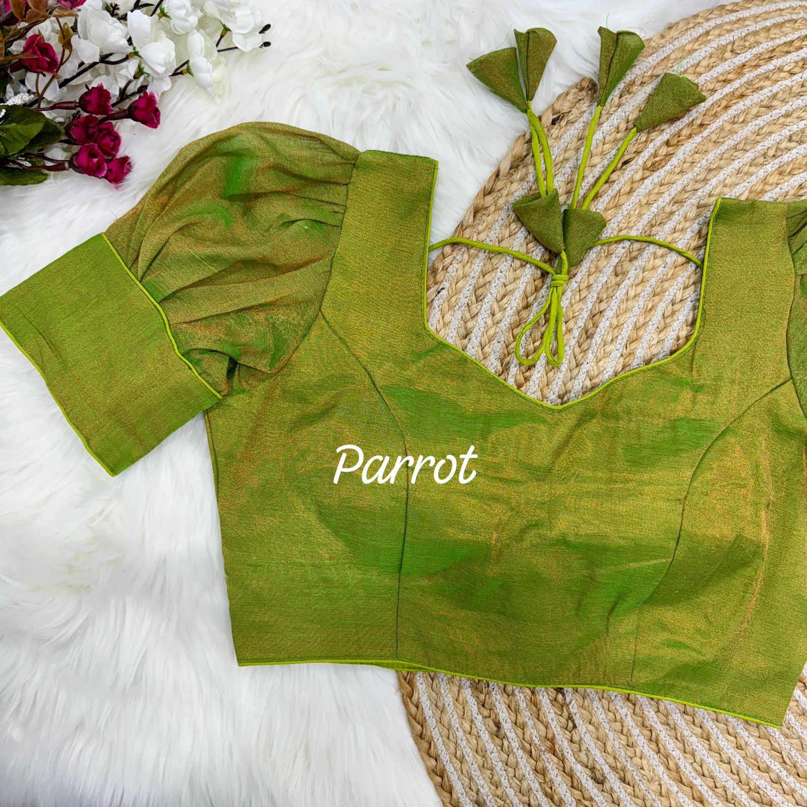 Parrot Green Metallic Silk Saree Blouse with Puff Sleeves