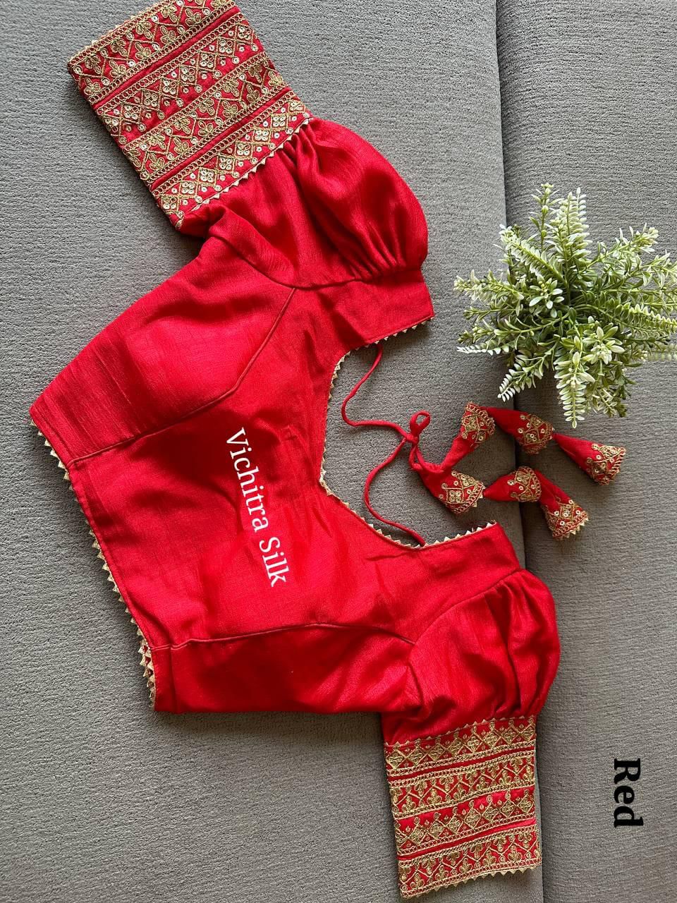 Vibrant Red Vichitra Silk Readymade Blouse with Gold Embroidery