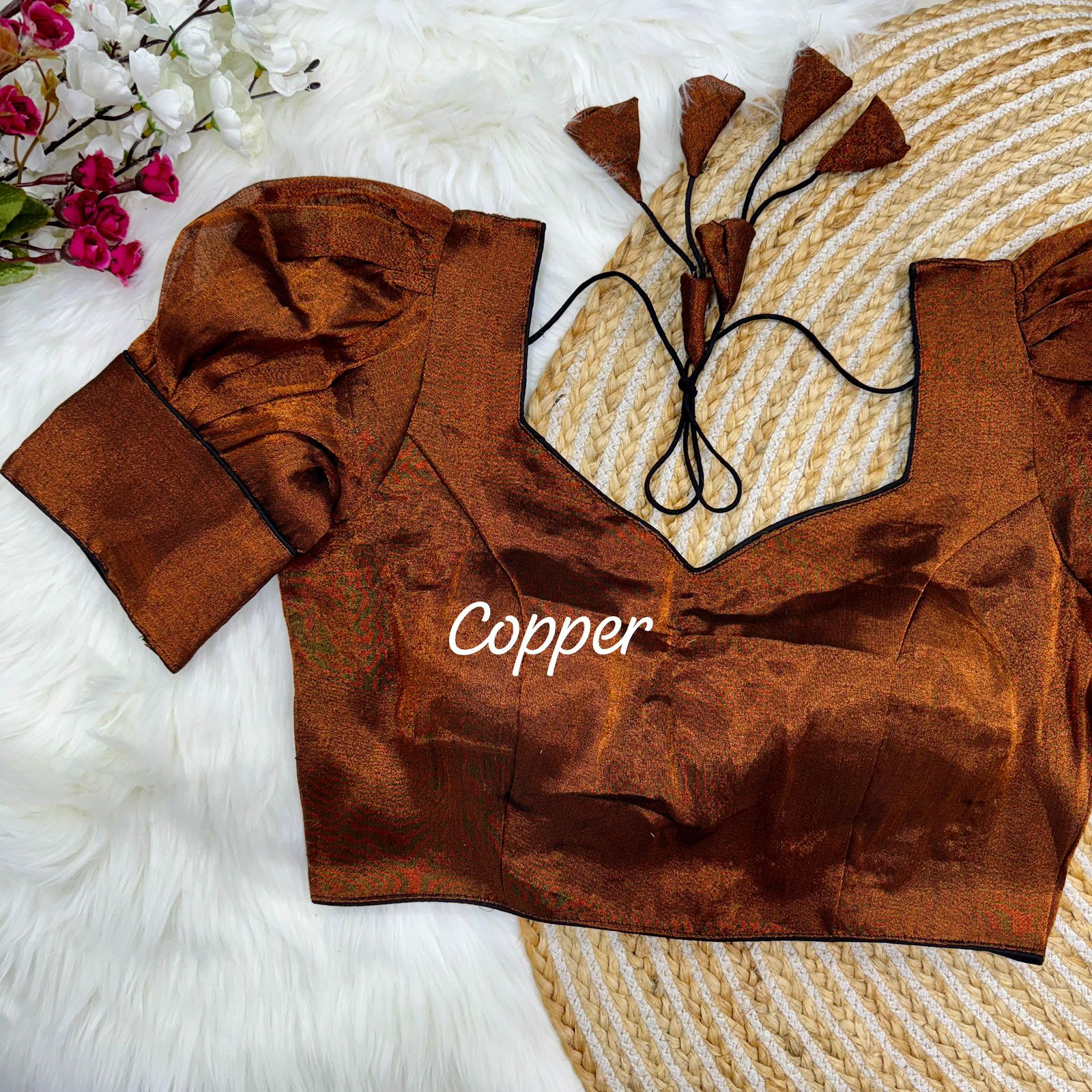 Copper Metallic Silk Saree Blouse with Puff Sleeves
