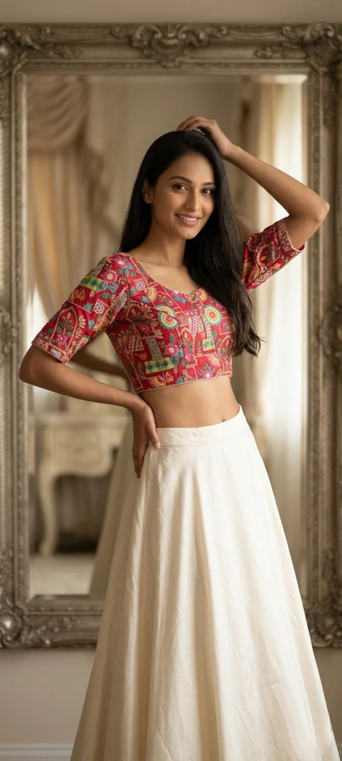 Red Embroidered Patchwork Readymade Blouse