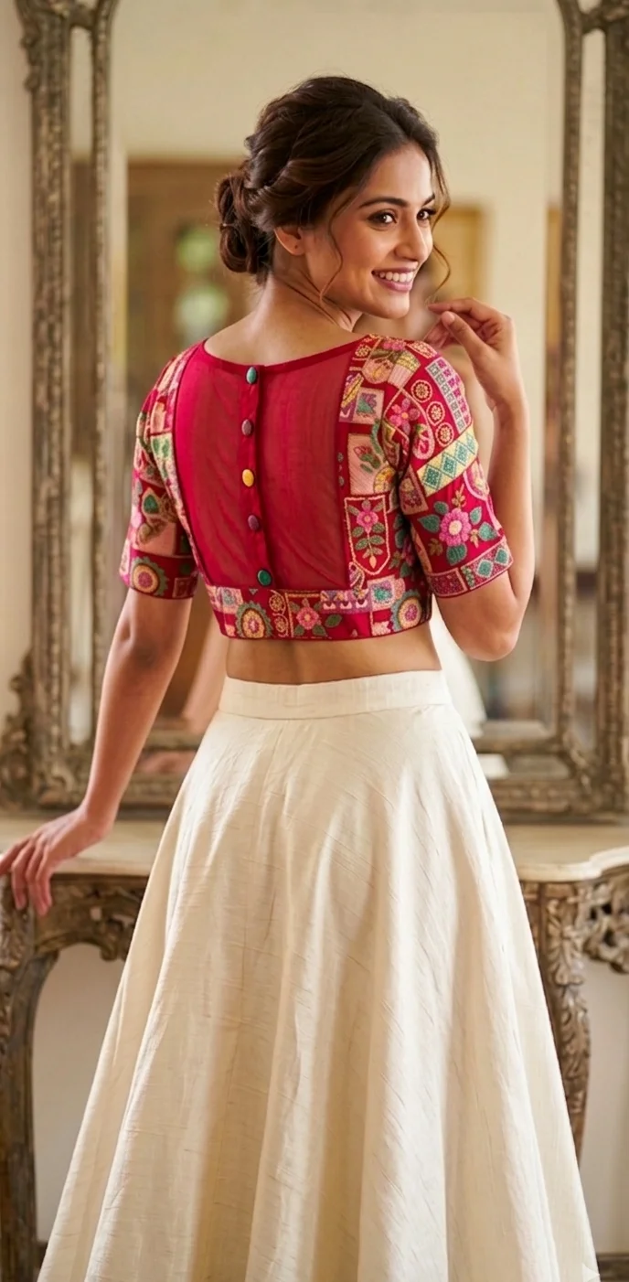 Red Embroidered Patchwork Readymade Blouse - Image 2