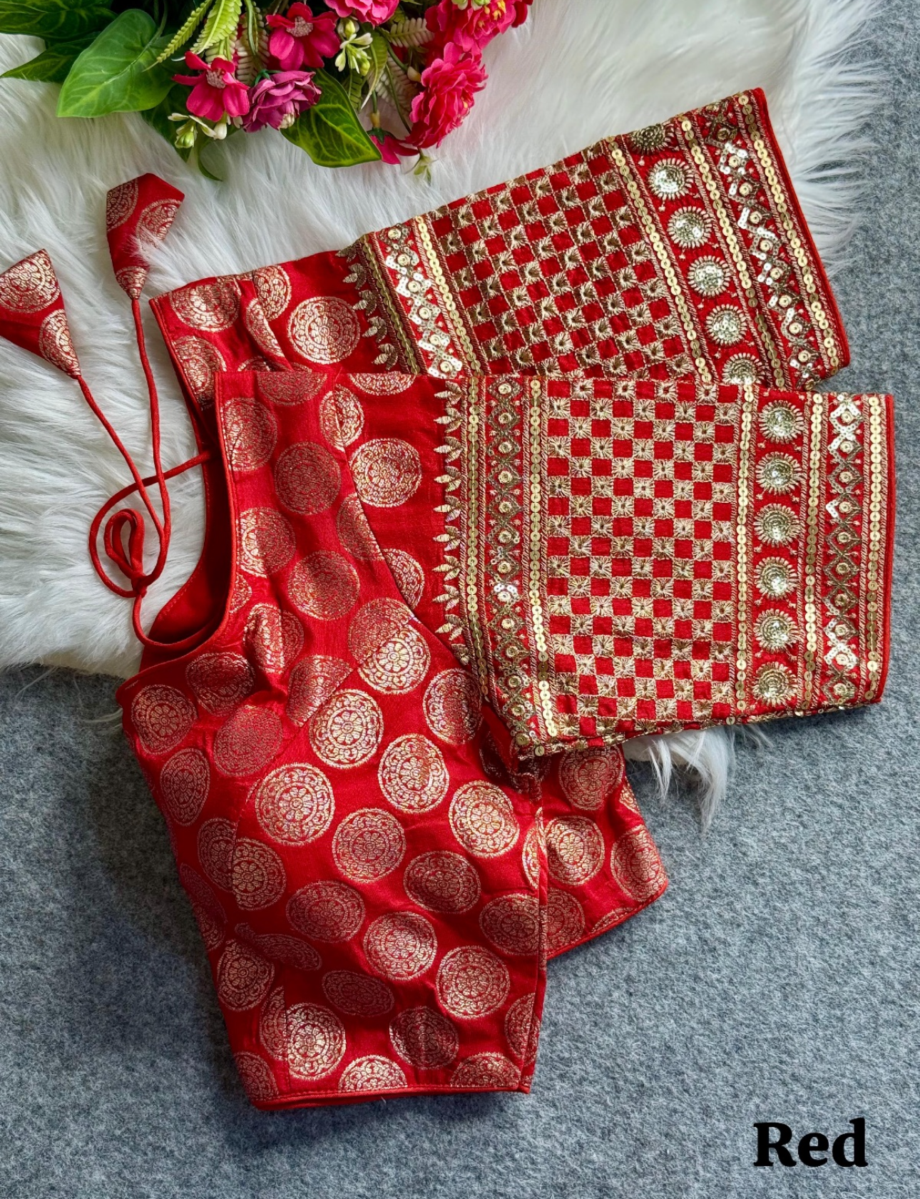 Dual-Pattern Red Dola Silk Blouse with Sequin and Zari Work