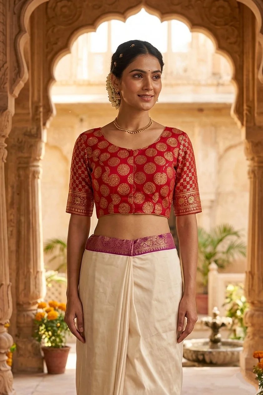 Dual-Pattern Red Dola Silk Blouse with Sequin and Zari Work