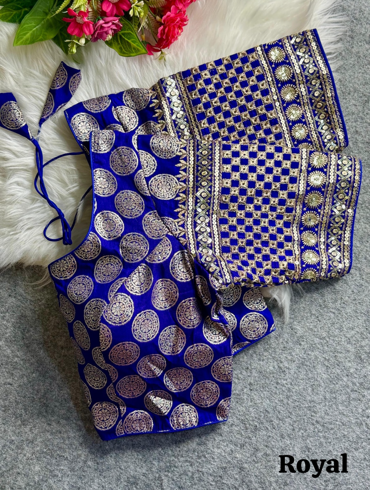 Royal Blue Dola Silk Blouse with Dual Weave & Sequin Embroidery - Image 3