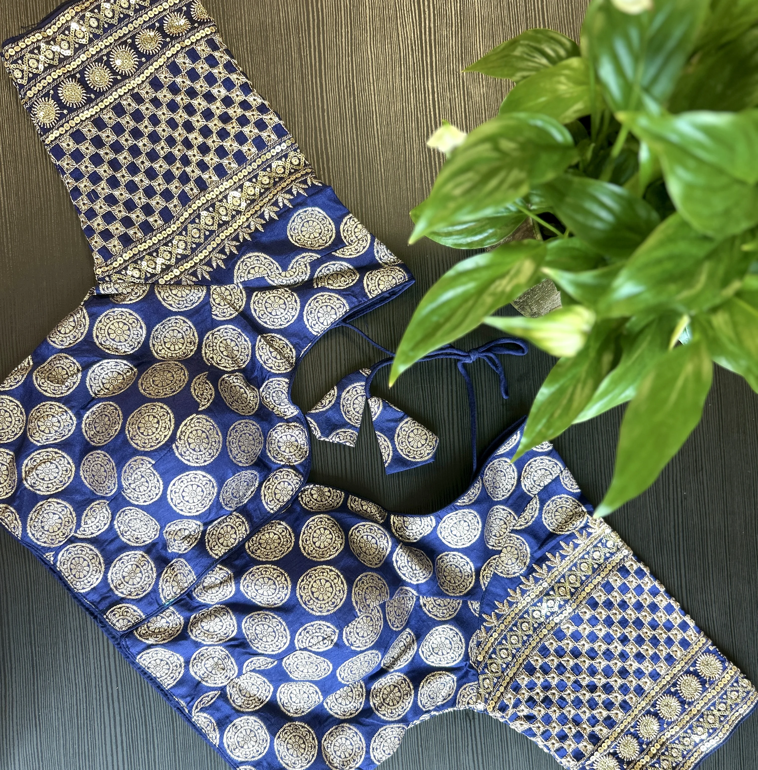 Royal Blue Dola Silk Blouse with Dual Weave & Sequin Embroidery - Image 2