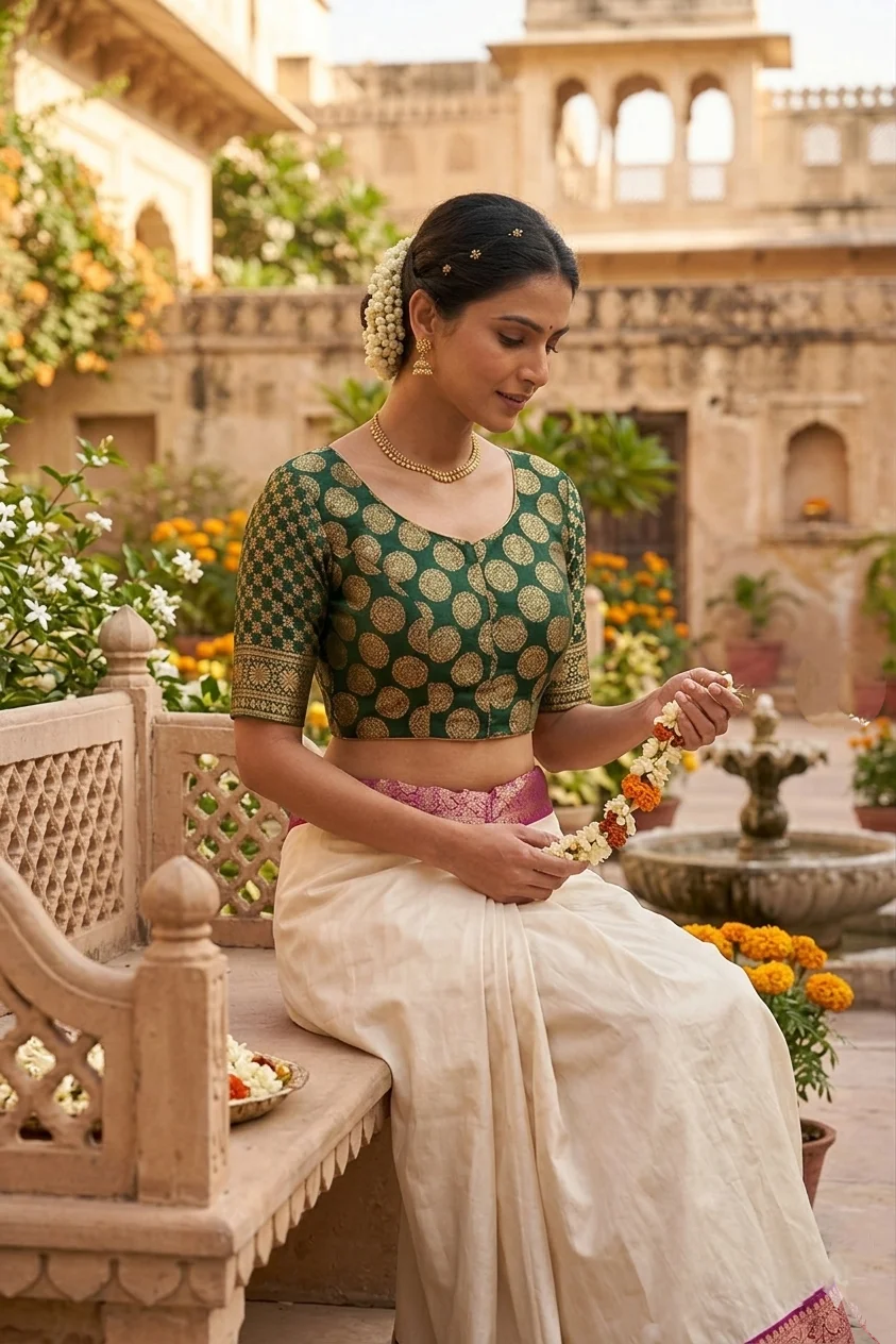 Elegant Green Dola Silk Blouse with Dual Weave & Sequin Embroidery