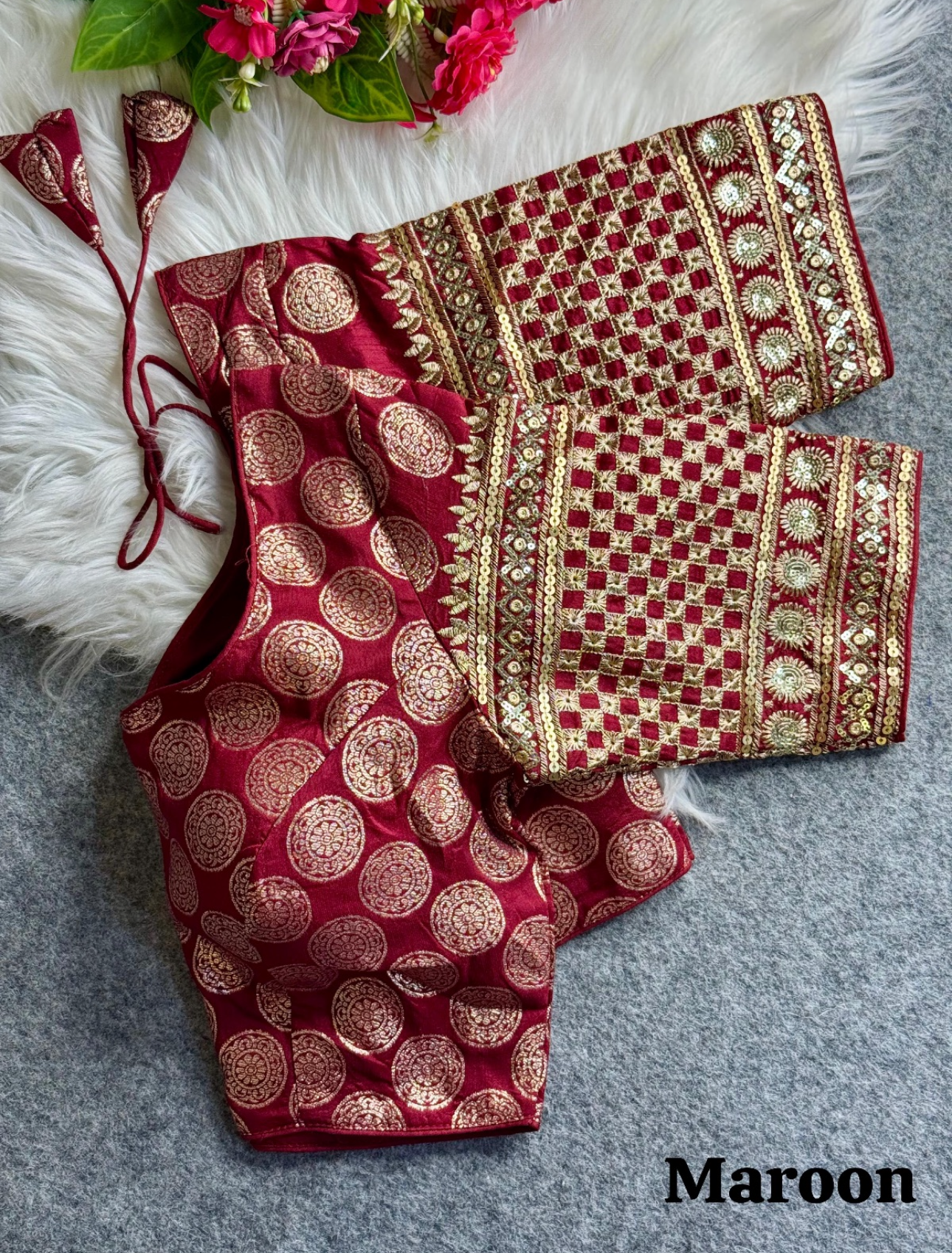 Rich Maroon Dola Silk Blouse with Dual Weave & Sequin Embroidery