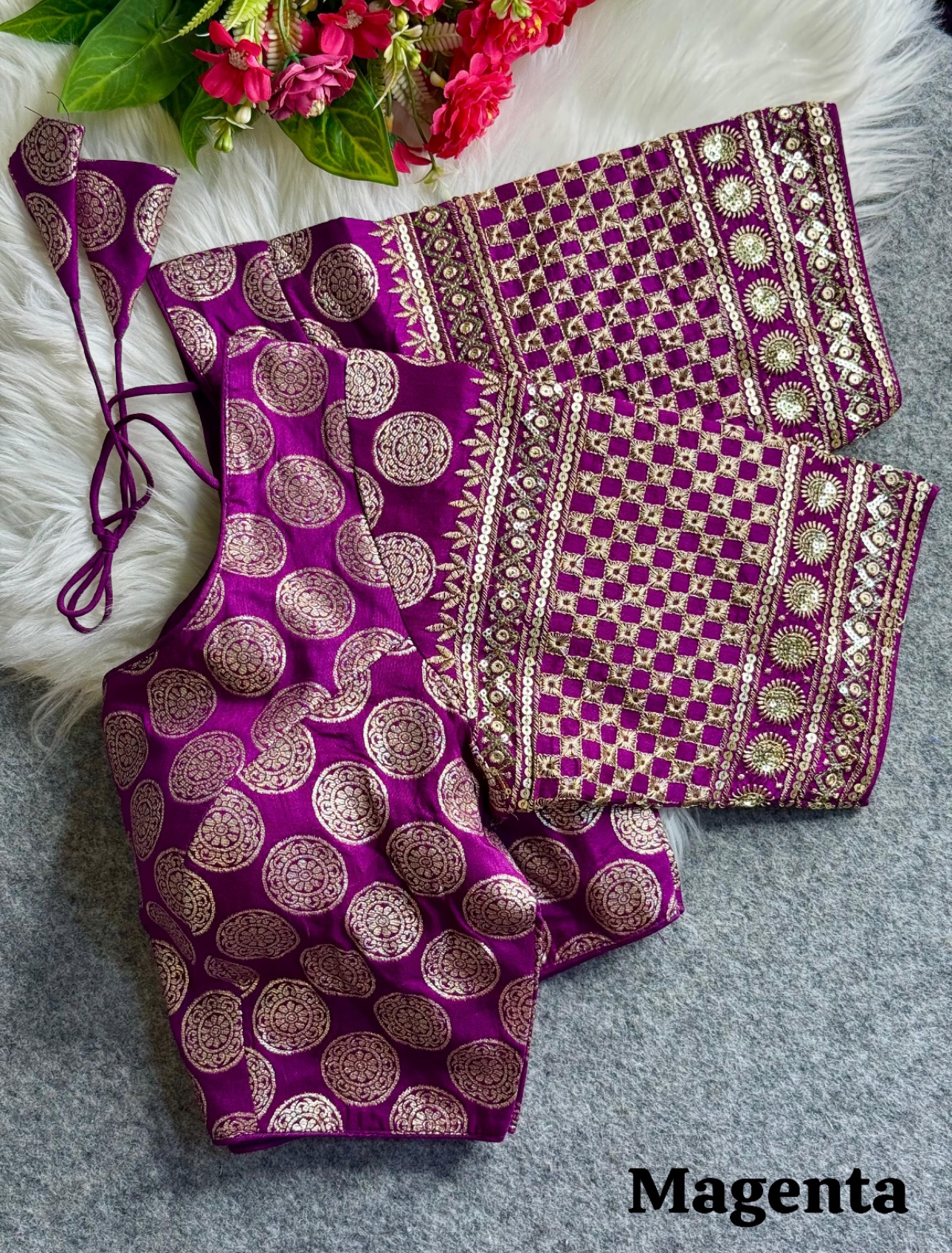Elegant Magenta Dola Silk Blouse with Dual Weave & Sequin Embroidery