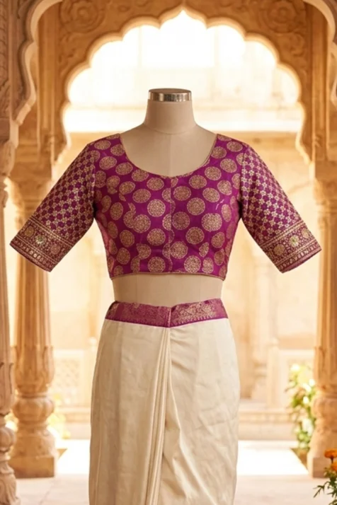 Elegant Magenta Dola Silk Blouse with Dual Weave & Sequin Embroidery