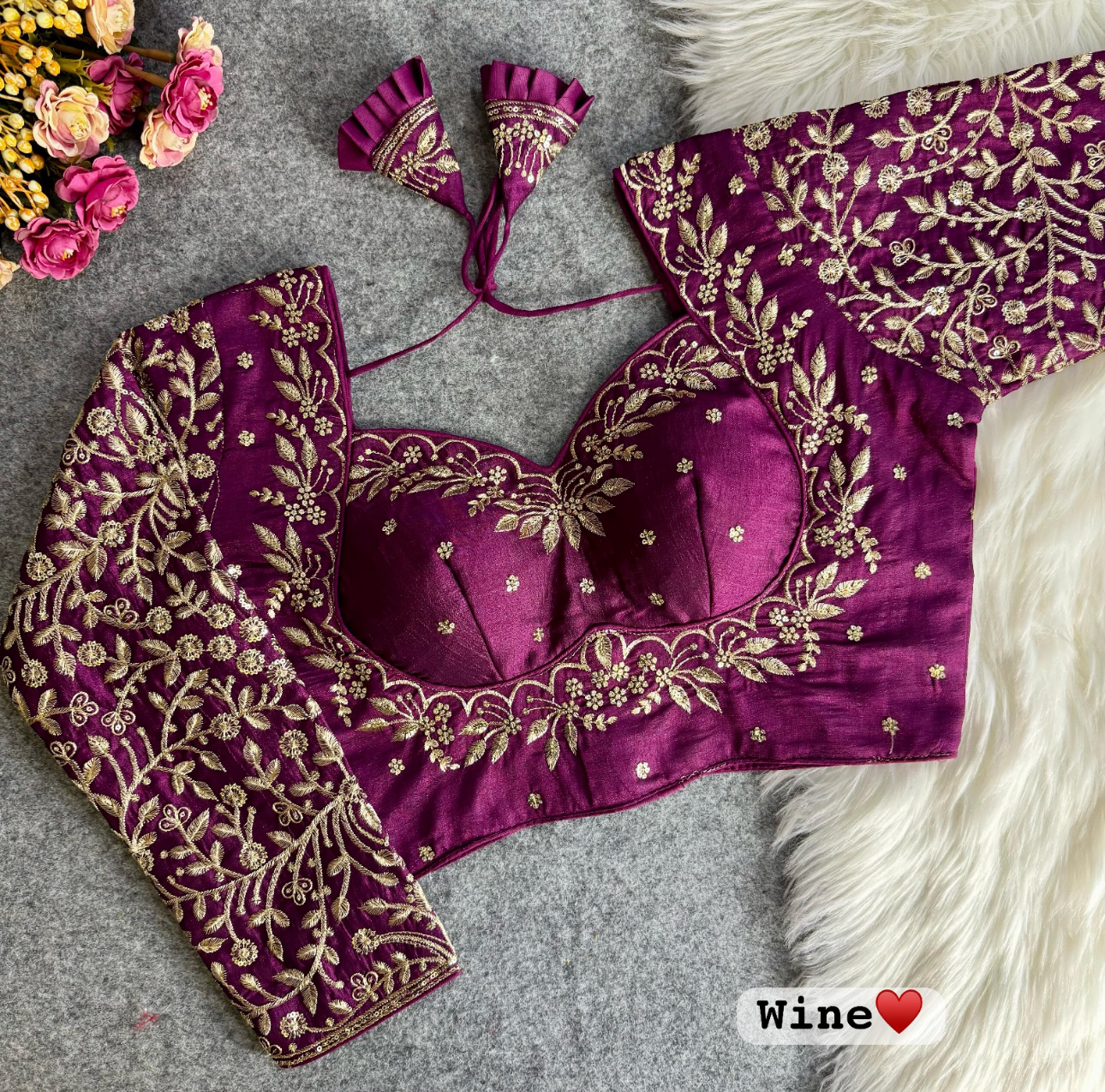 Elegant Wine Vichitra Silk Bridal Blouse with Heavy Golden Embroidery