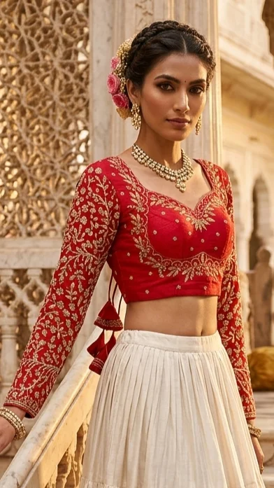 Royal Mumtaz Style Red Long Sleeves Bridal Blouse with Golden Embroidery