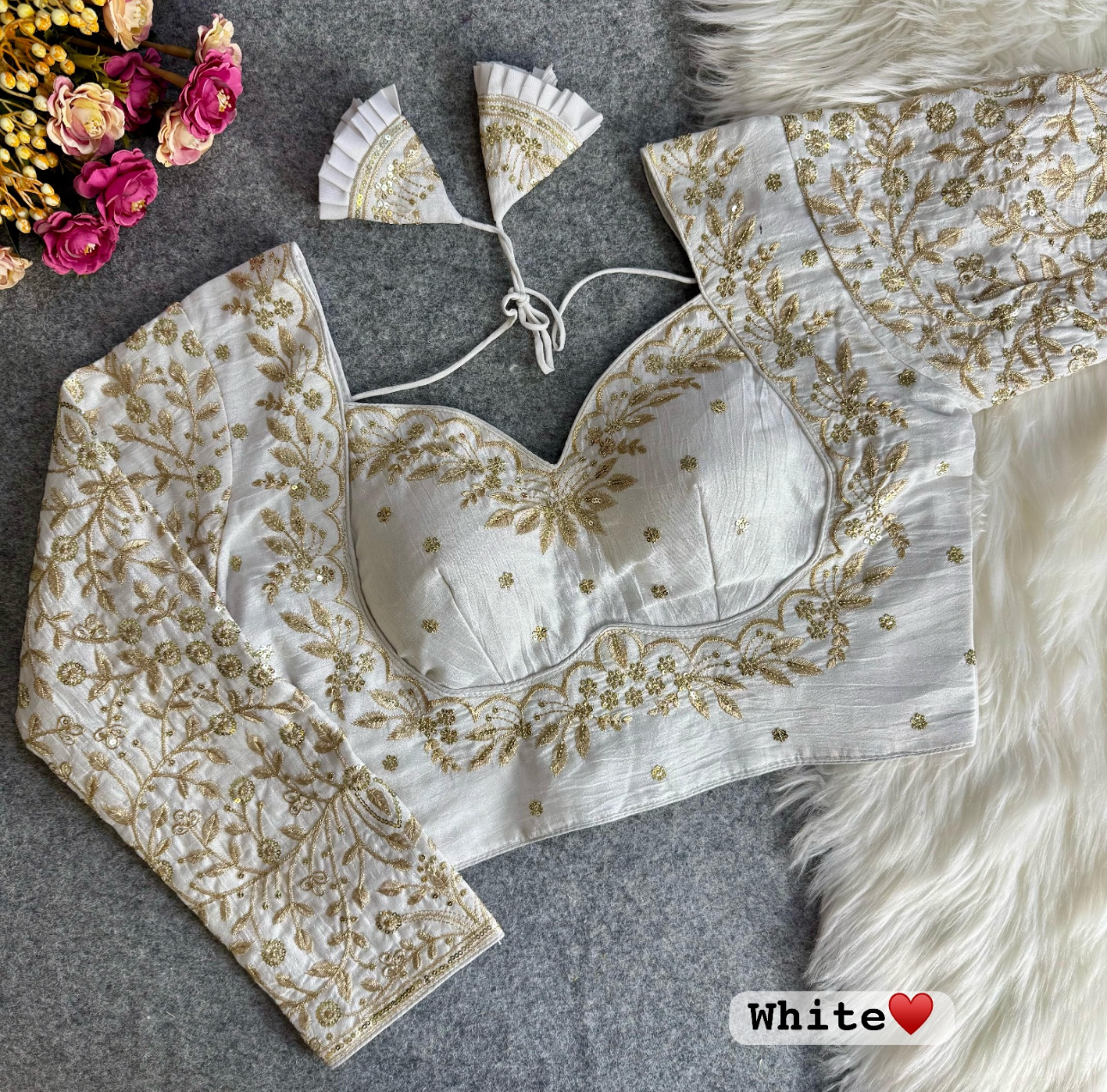 Royal Mumtaz Style White Long Sleeves Bridal Blouse with Golden Embroidery