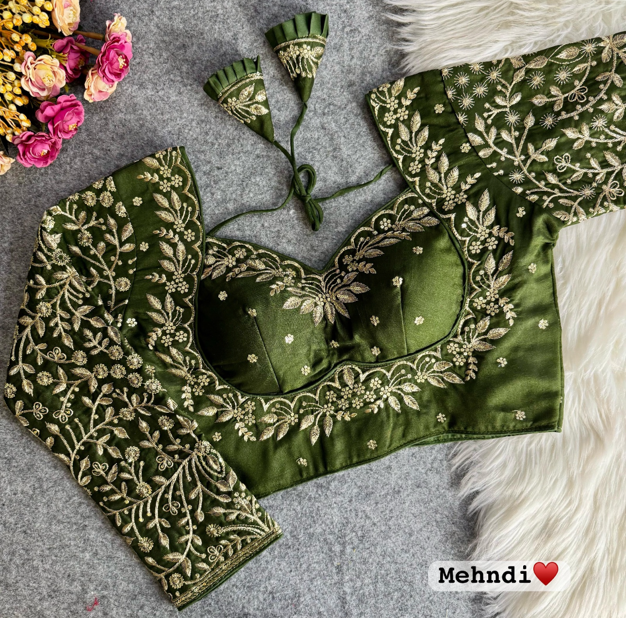 Royal Mumtaz Style Mehndi Green Long Sleeves Embroidered Bridal Blouse