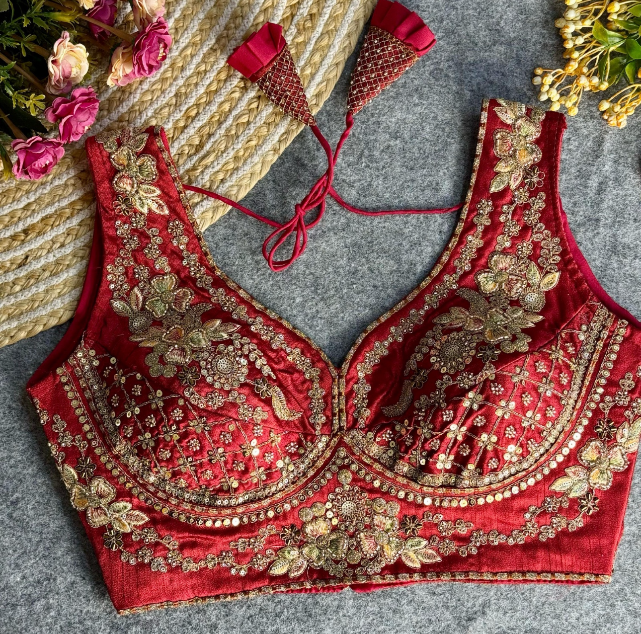 Sabyasachi Inspired Ruby Red Bridal Blouse with Heavy Zari & Sequin Embroidery