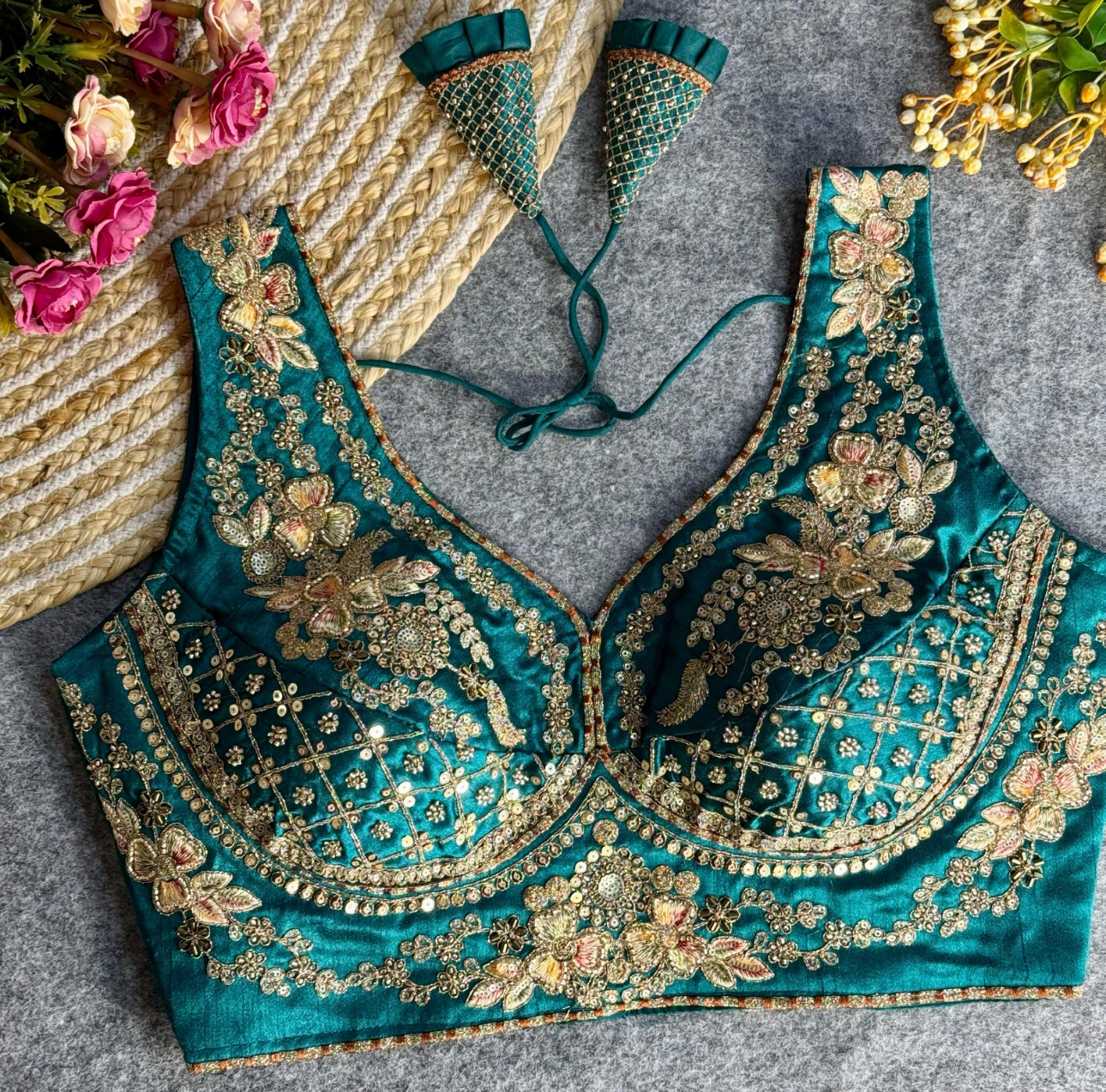 Teal Green Heavily Embroidered Bridal Blouse