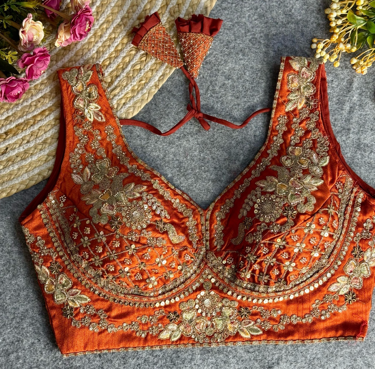 Rust Orange Embroidered Bridal Blouse