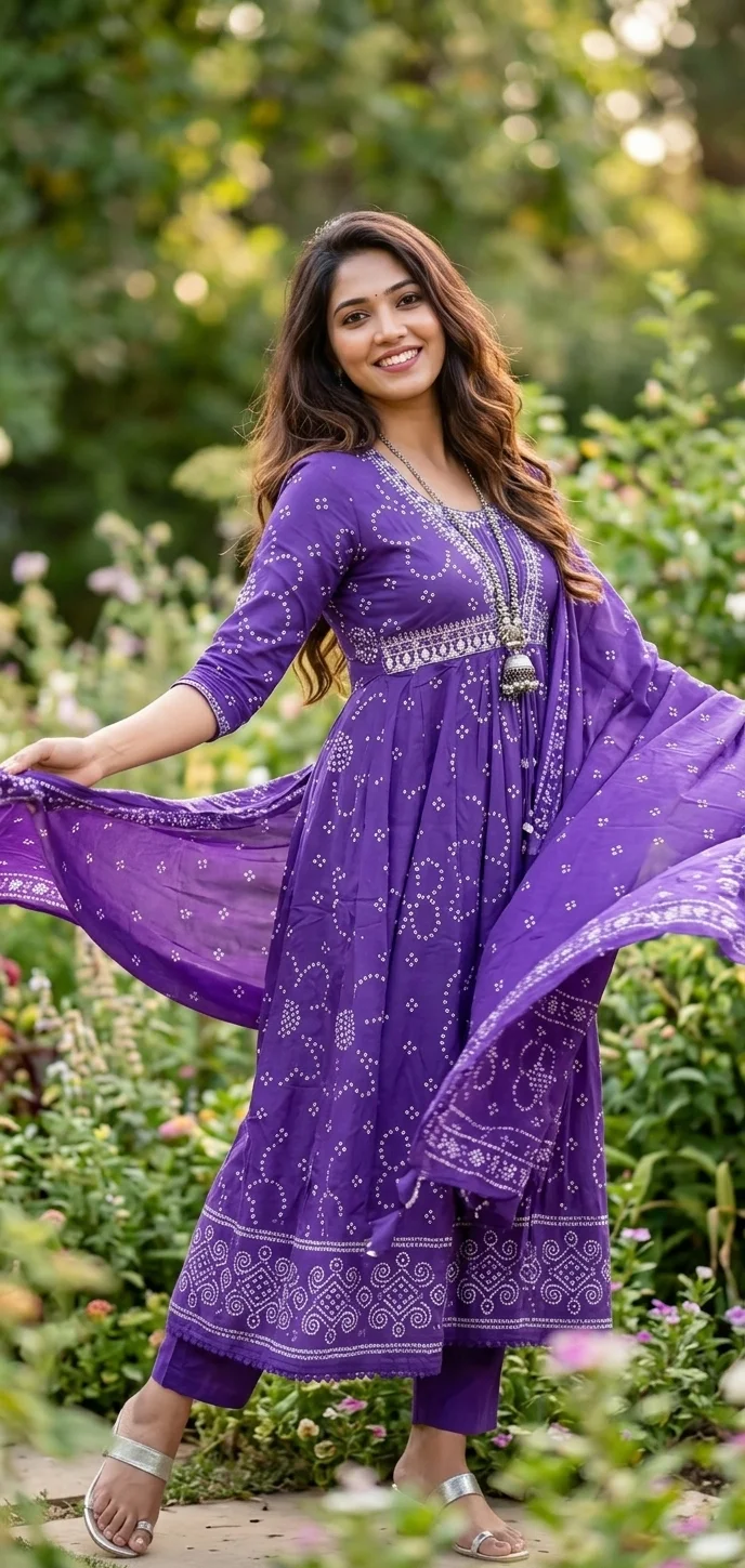 Vibrant Purple Bandhani Print Anarkali Set