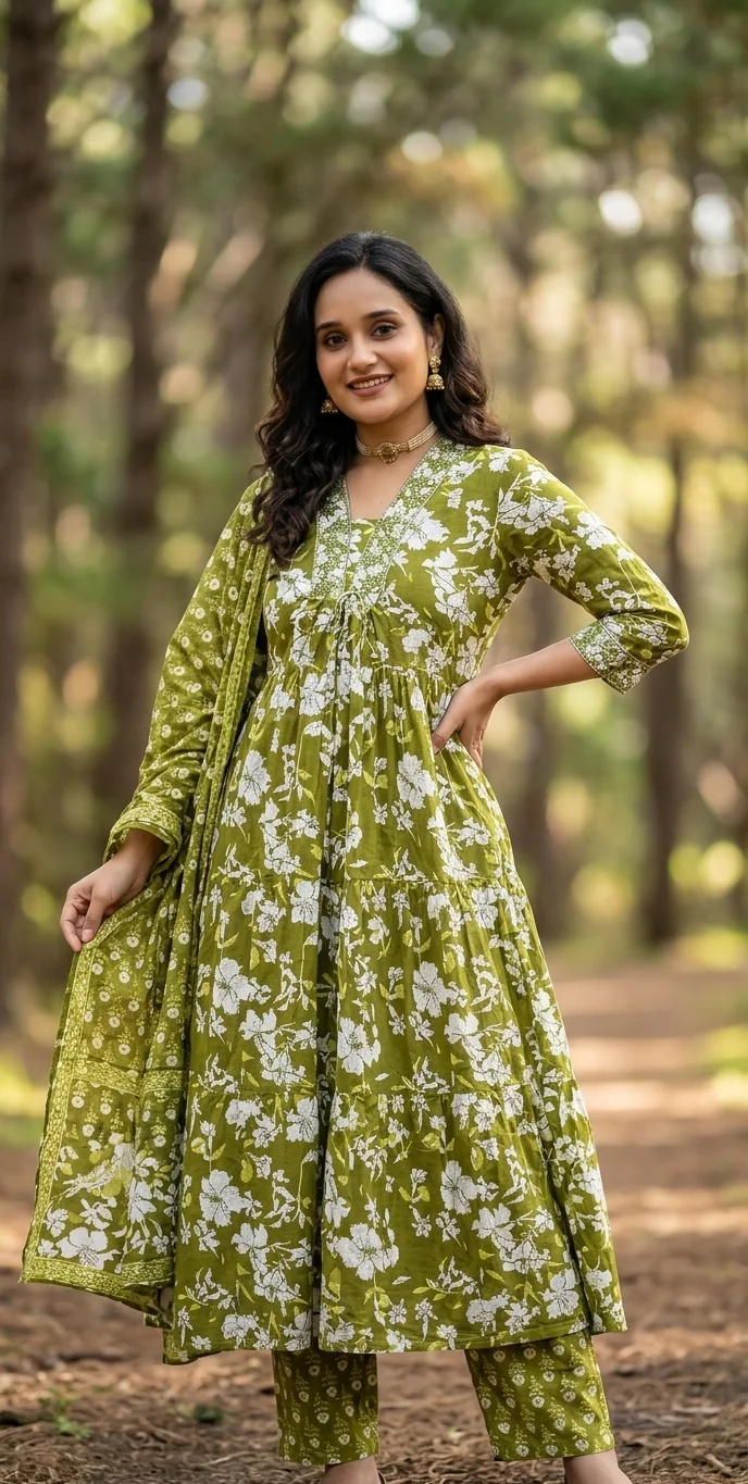 Sage Green Floral Print Kurta Set