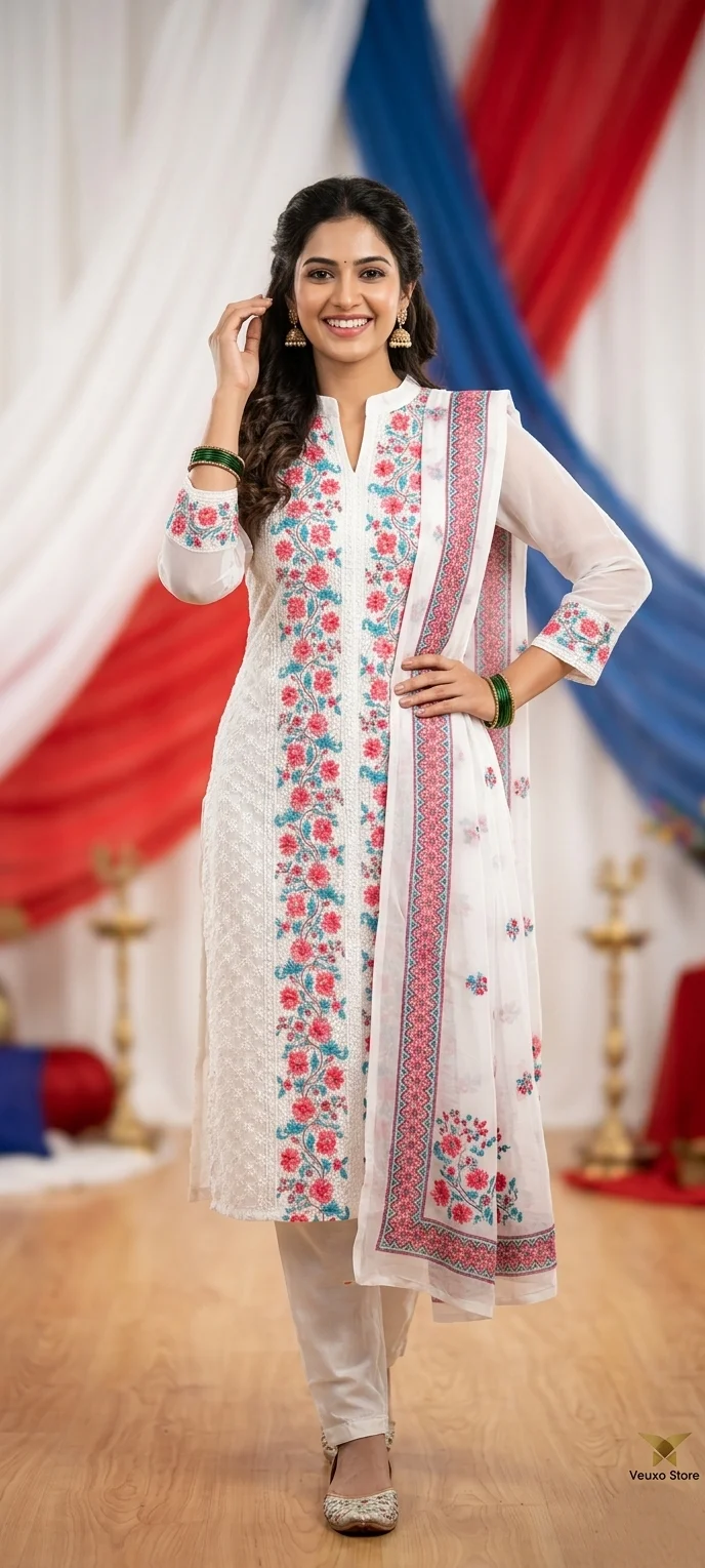 Elegant White Chikankari Suit with Floral Embroidery