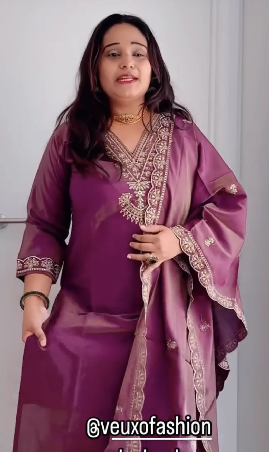 Luxurious Plum Silk Suit with Gold Embroidery - Image 2