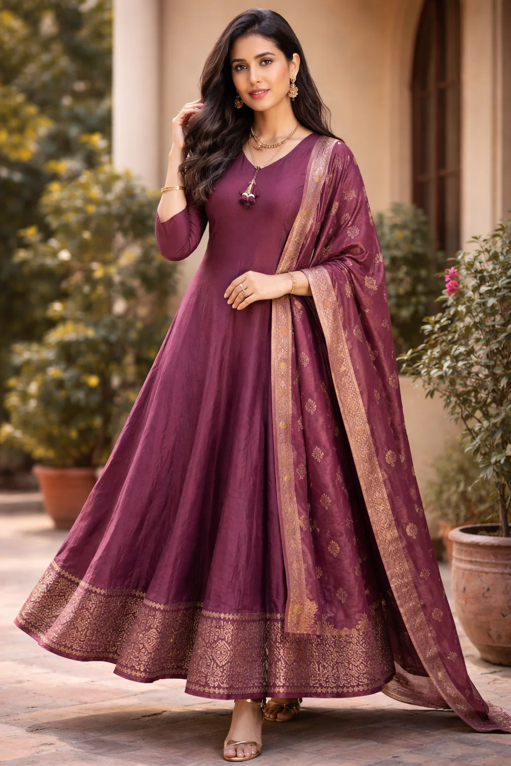  Elegant Plum Anarkali Suit with Brocade Dupatta