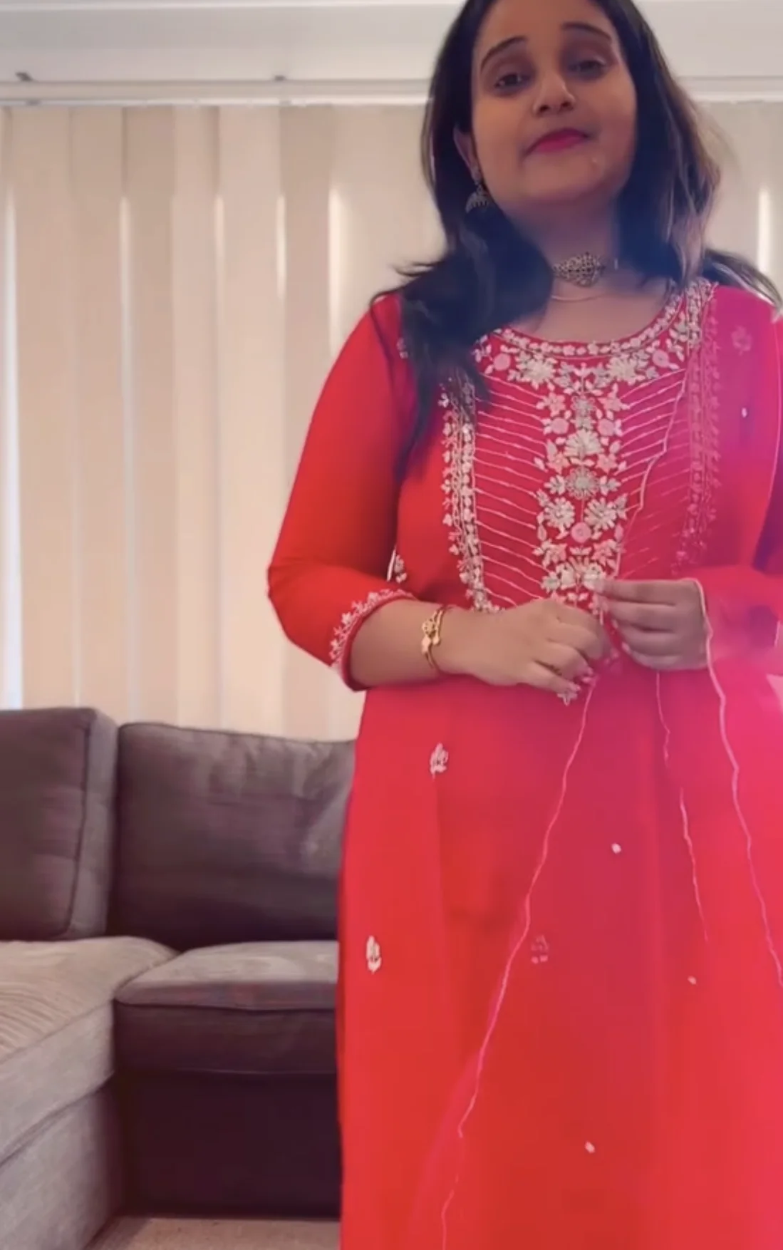 Vibrant Red Suit with Silver and White Embroidery