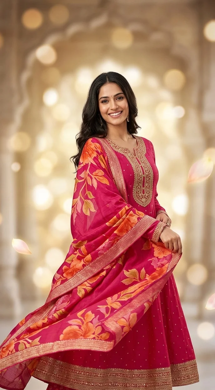  Vibrant Pink Anarkali Suit with Floral Dupatta