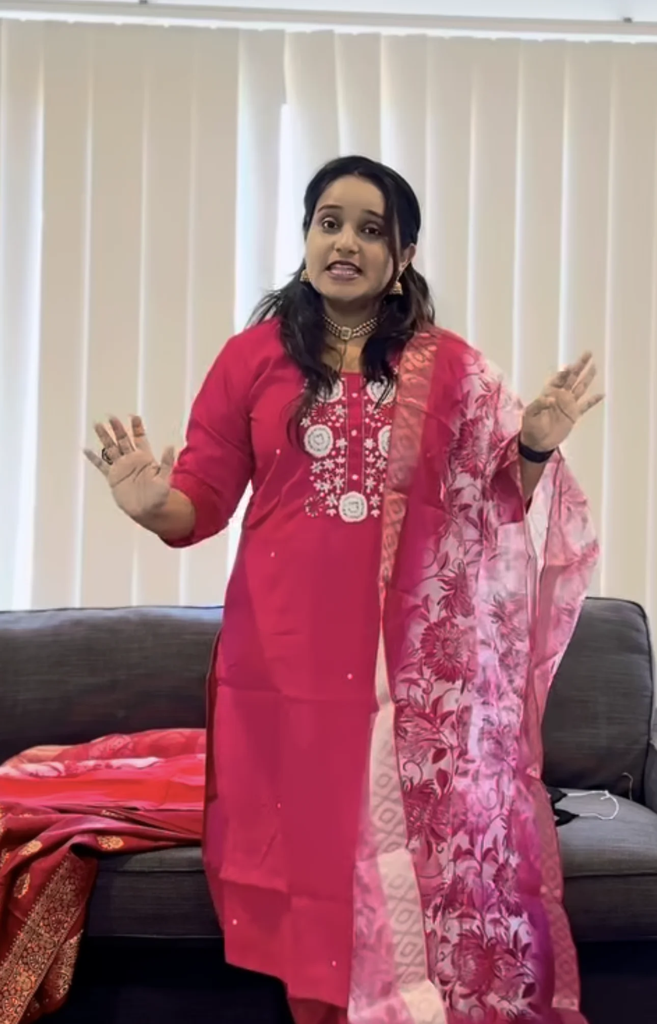 Vibrant Fuchsia Pink Suit with Embroidered Neckline