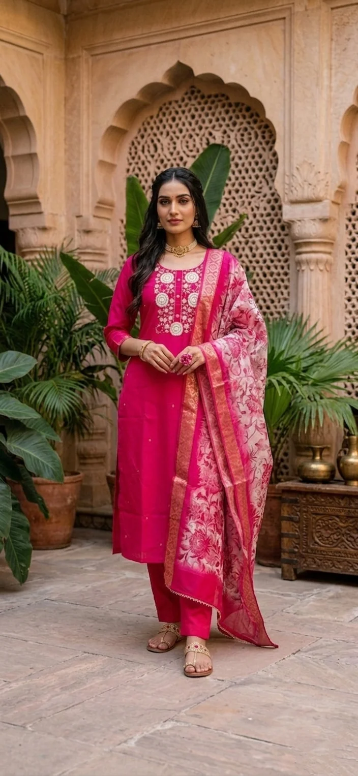 Vibrant Fuchsia Pink Suit with Embroidered Neckline