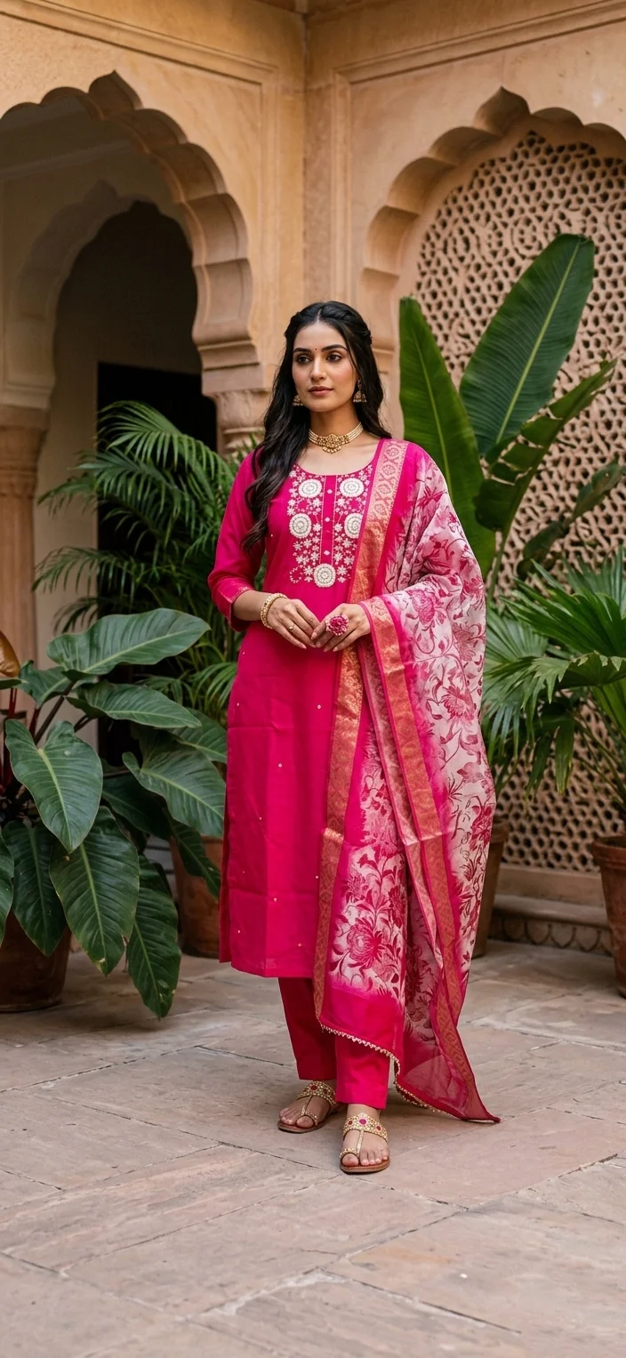 Vibrant Fuchsia Pink Suit with Embroidered Neckline - Image 2