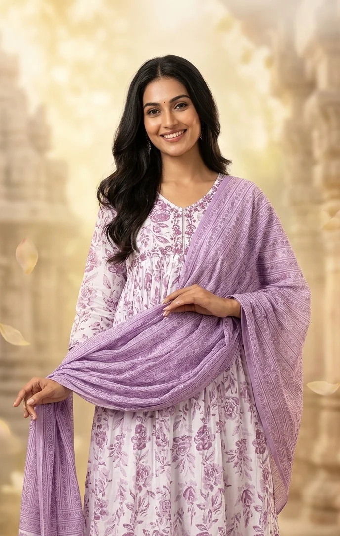  Graceful Lilac Floral Print Anarkali Set