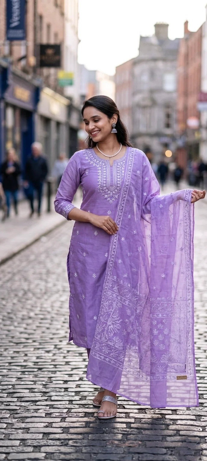 Elegant Lilac Suit with White Embroidered Flowers