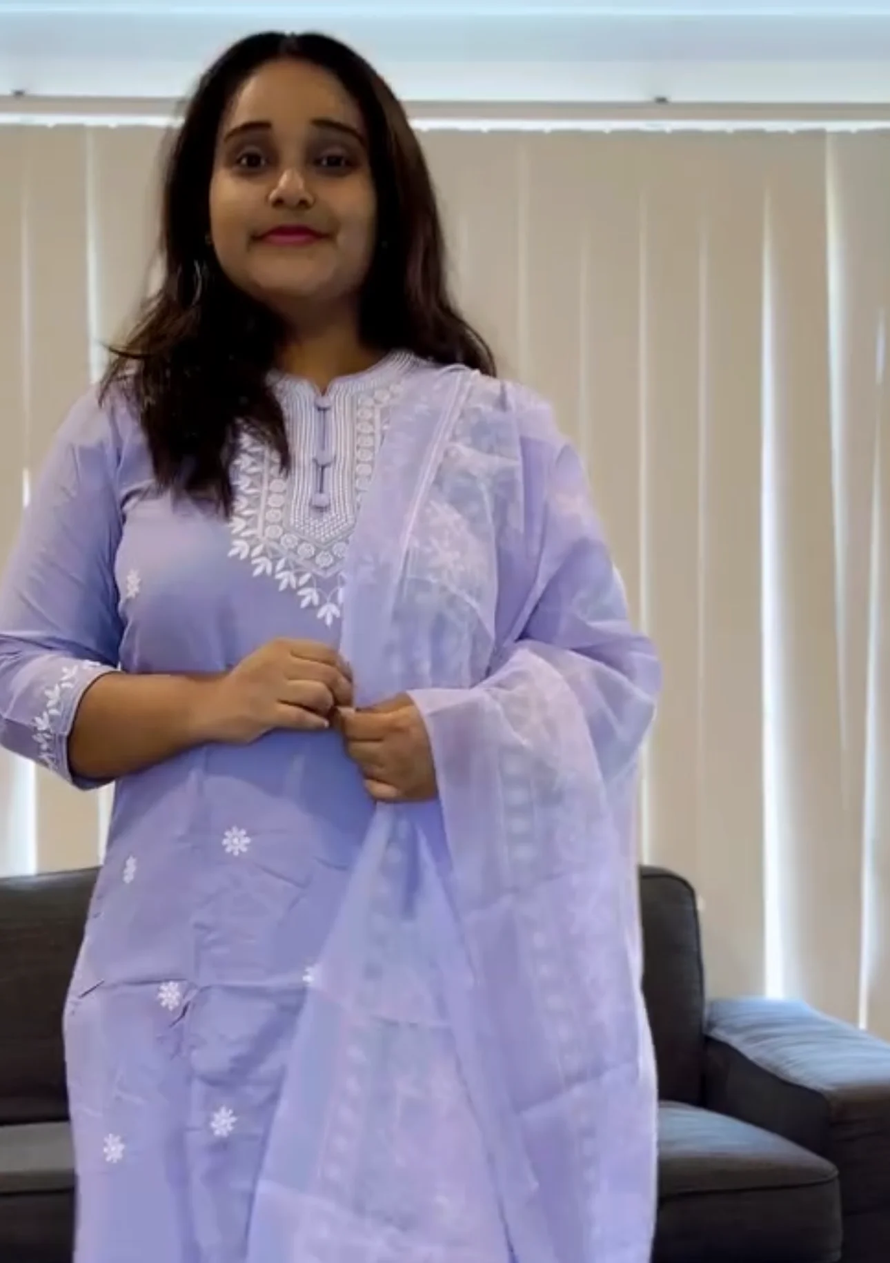  Subtle Lilac Kurta Set with White Embroidery