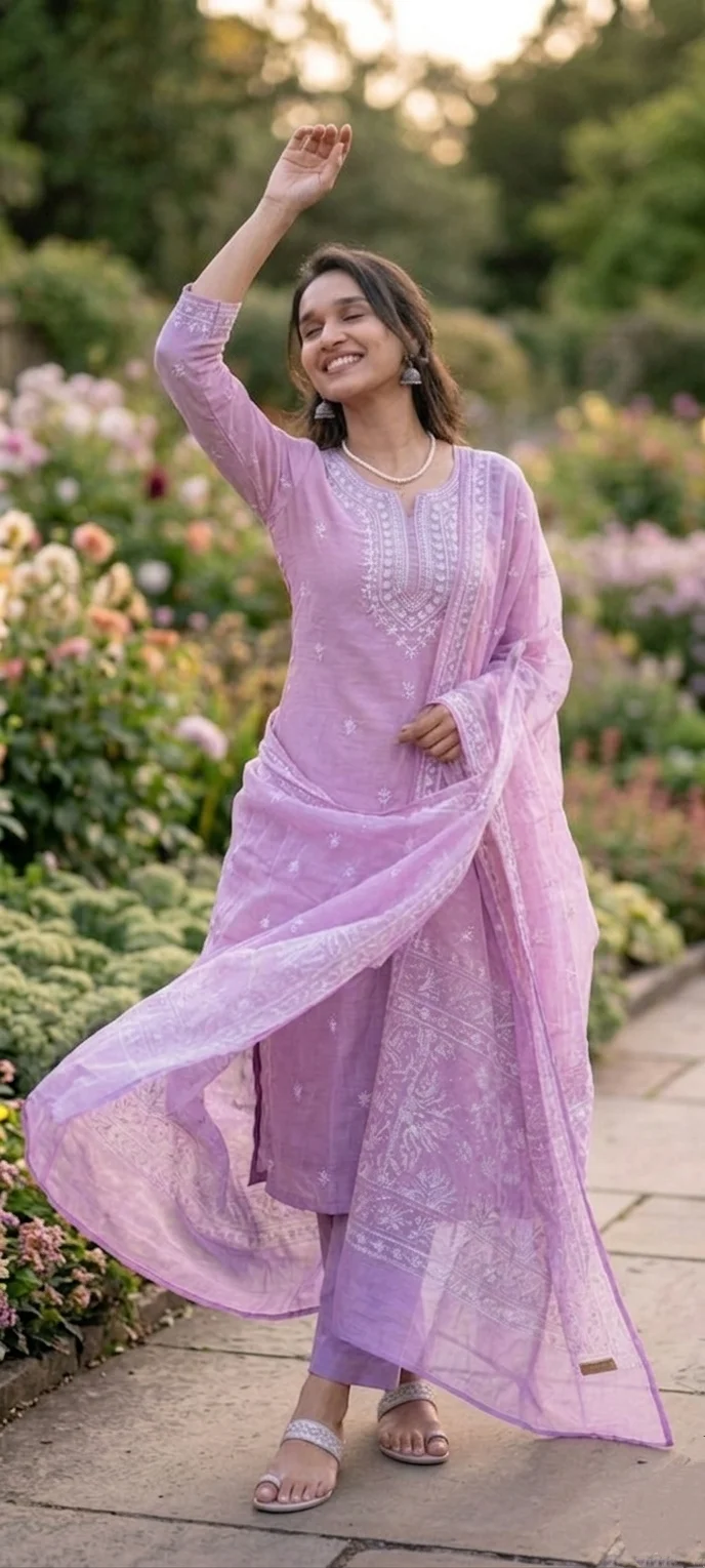  Subtle Lilac Kurta Set with White Embroidery