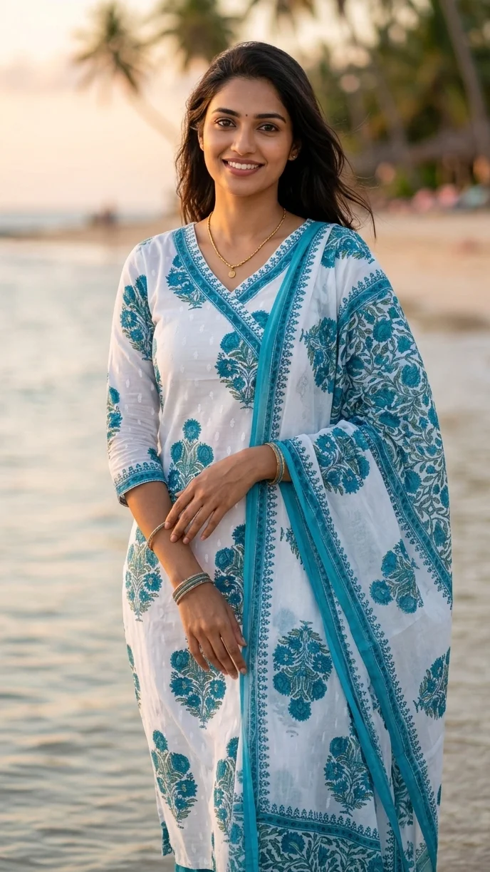 Chic White & Blue Angrakha Style Kurta Set