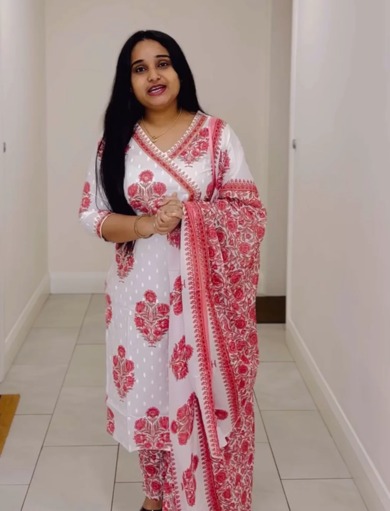  Vibrant White & Pink Angrakha Style Kurta Set