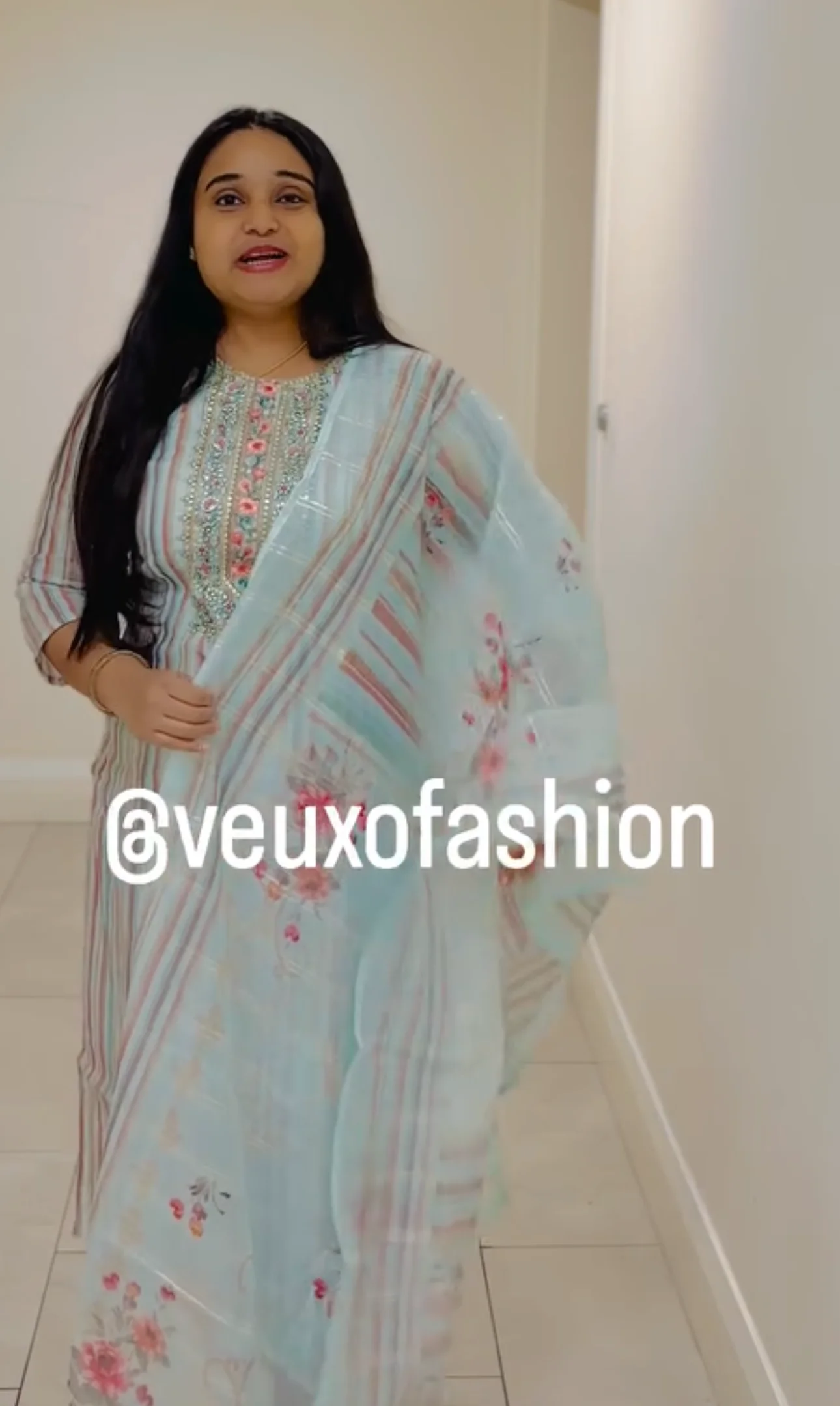 Soft Aqua Striped Kurta Set with Floral Embroidery