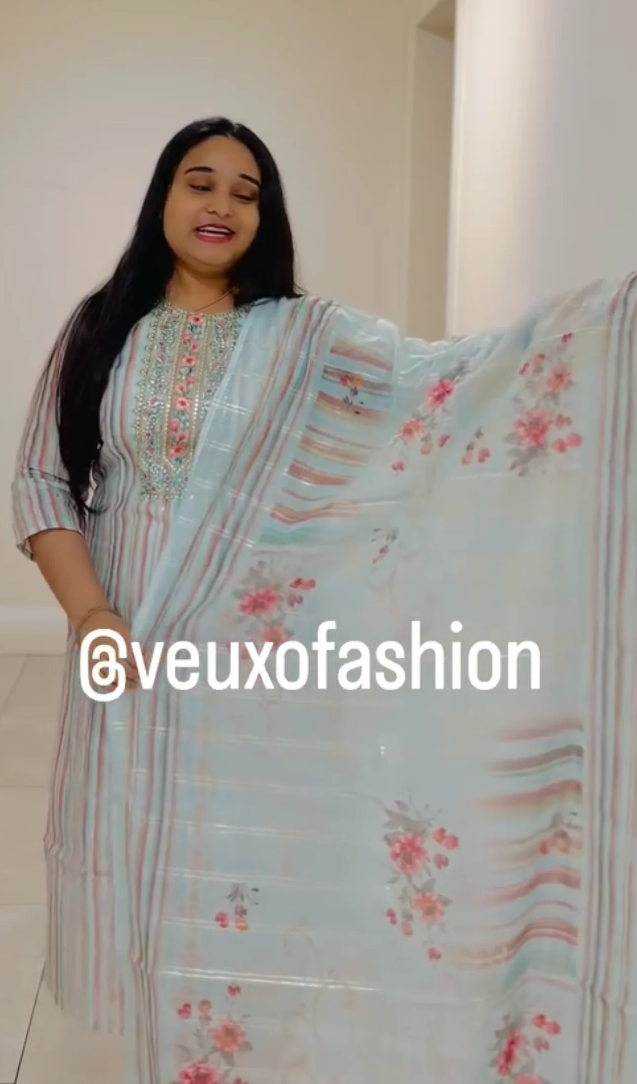 Soft Aqua Striped Kurta Set with Floral Embroidery - Image 2
