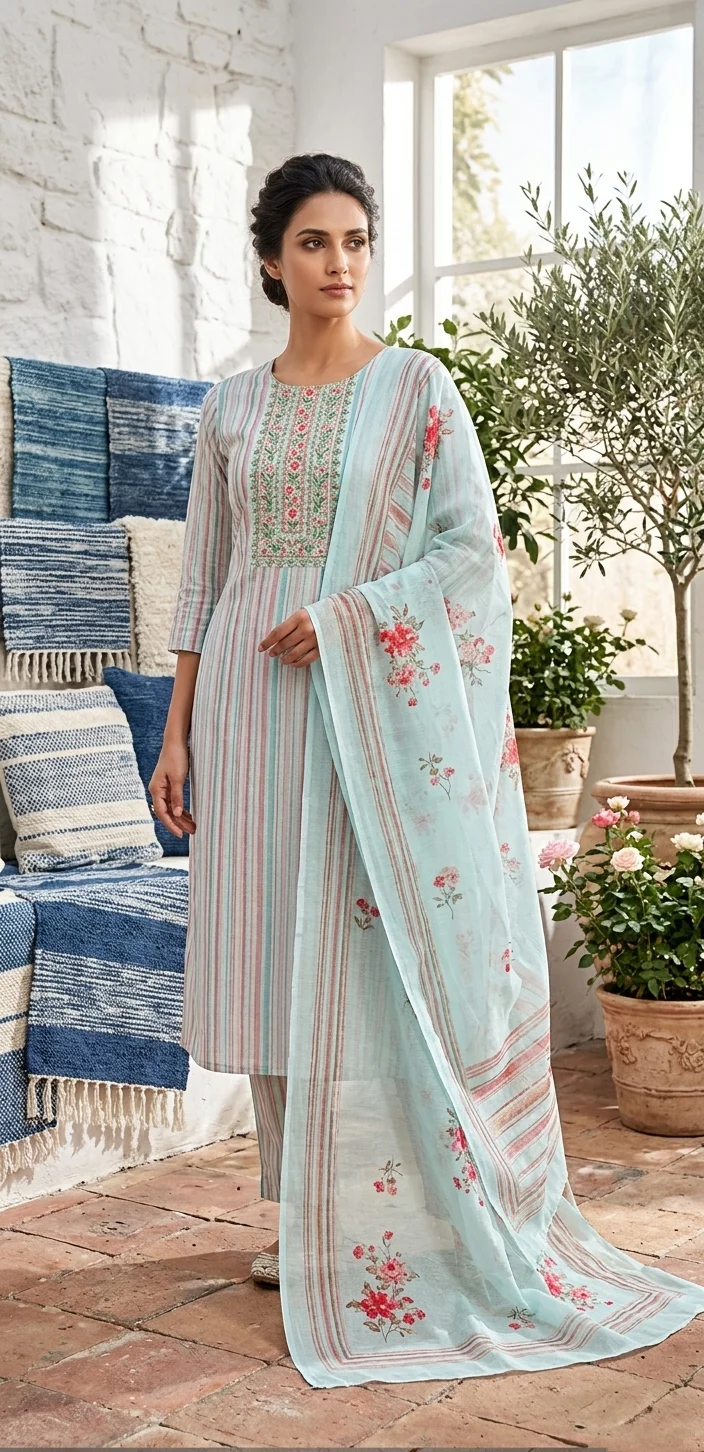 Soft Aqua Striped Kurta Set with Floral Embroidery