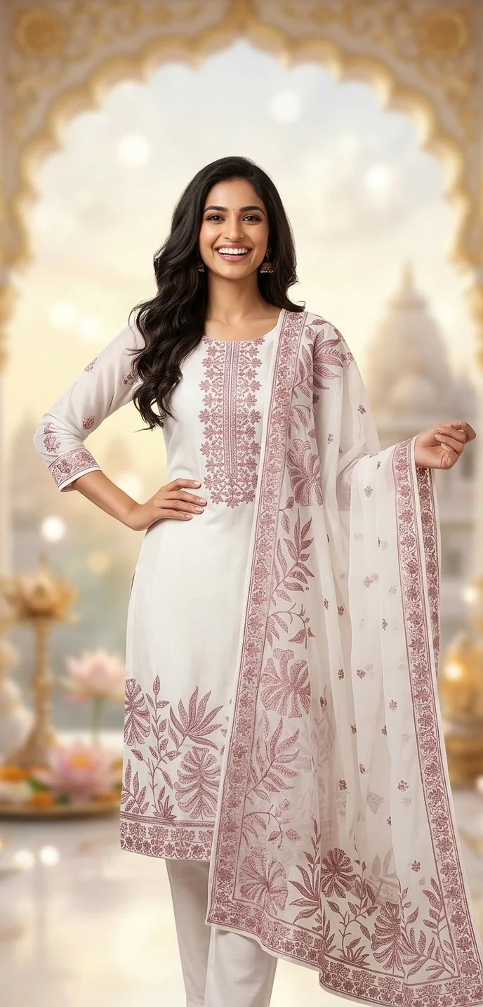  Chic White Kurta Set with Pink Chikankari Embroidery