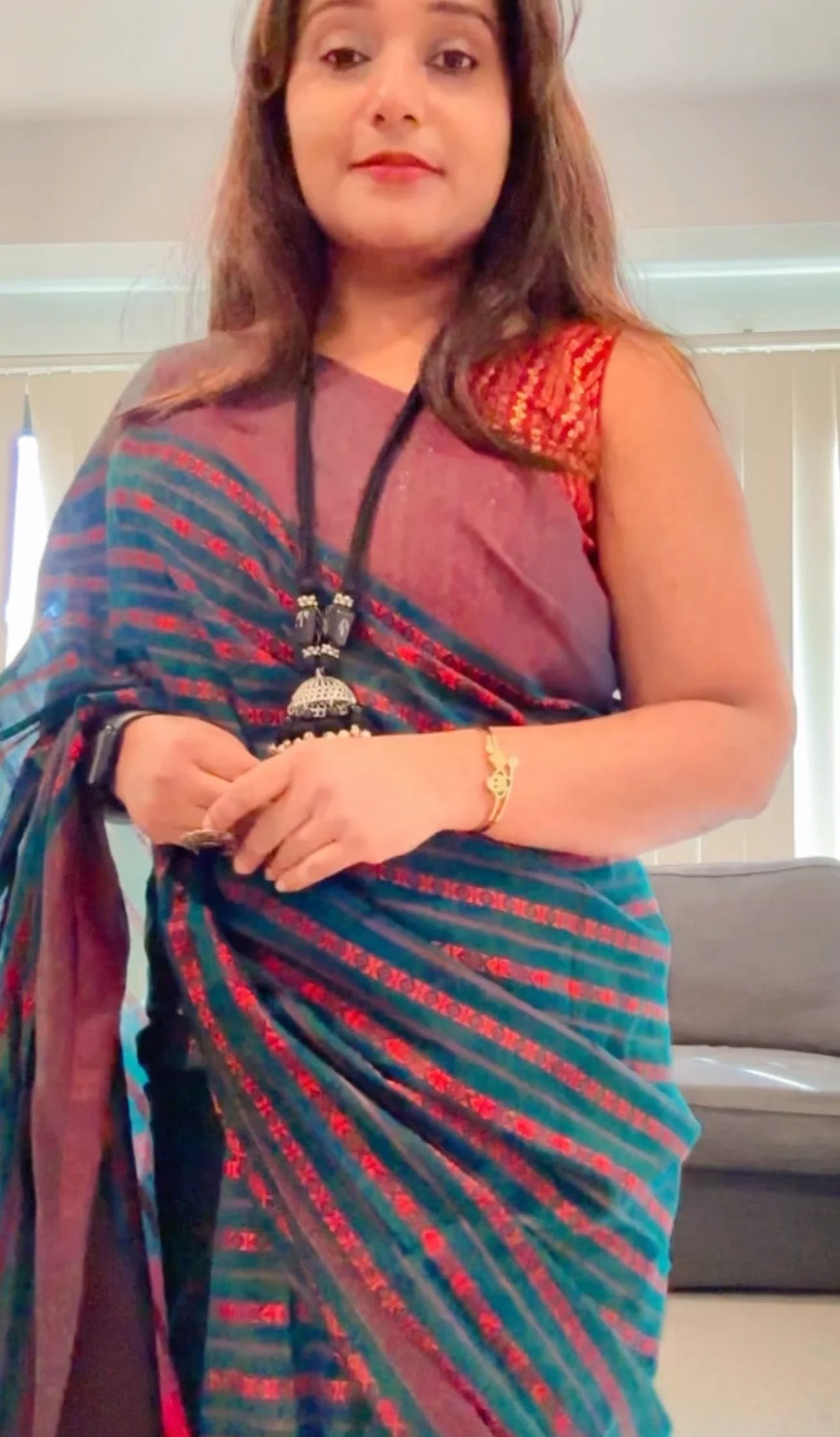 Teal and Red Striped Saree
