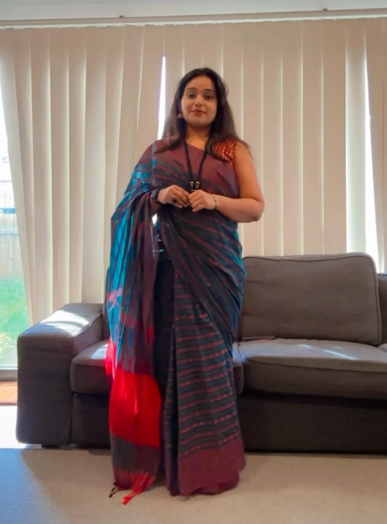 Teal and Red Striped Saree - Image 2