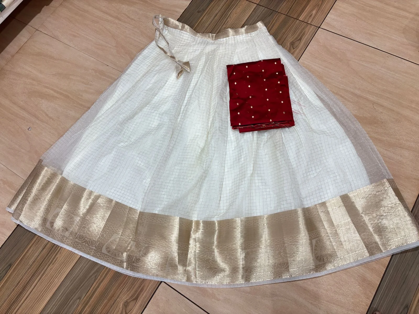 White and Gold Skirt with Red Crop Top